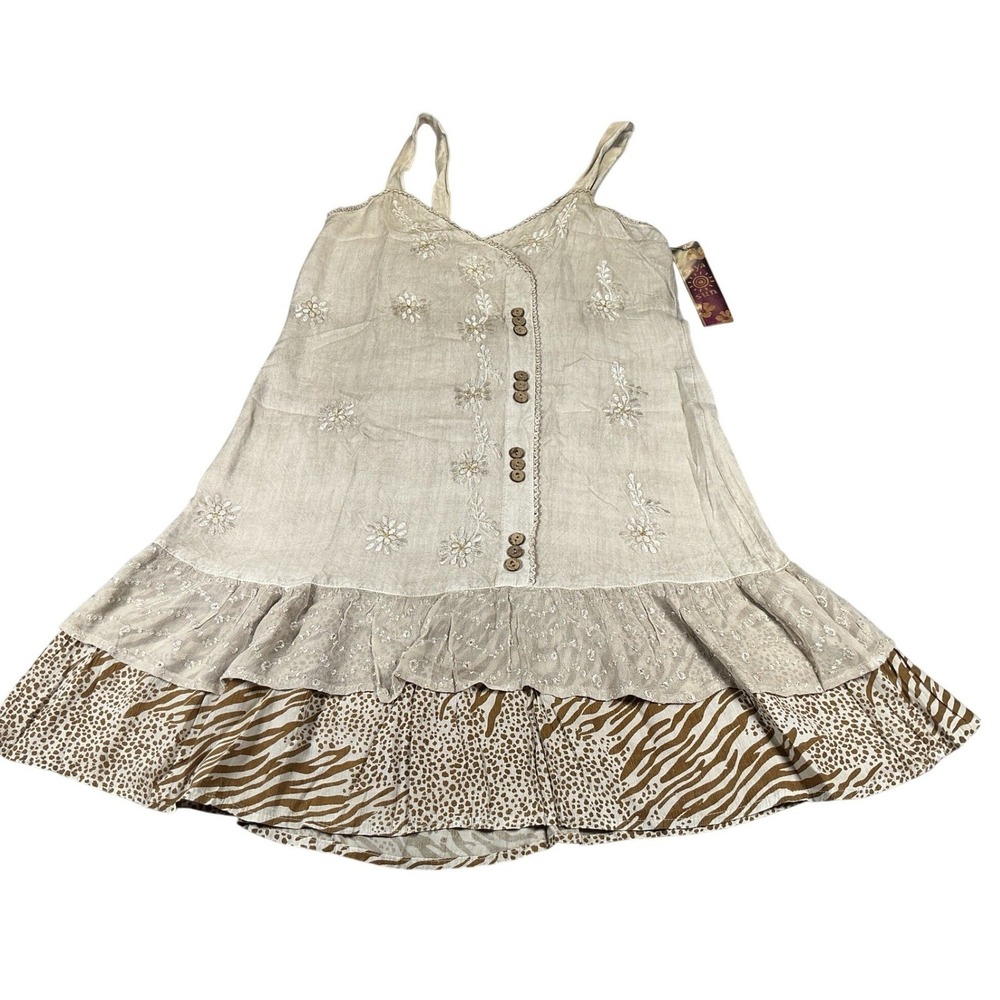 Raya Sun Women's Small Boho Sundress Beige Embroidered Linen Blend Dress NWT